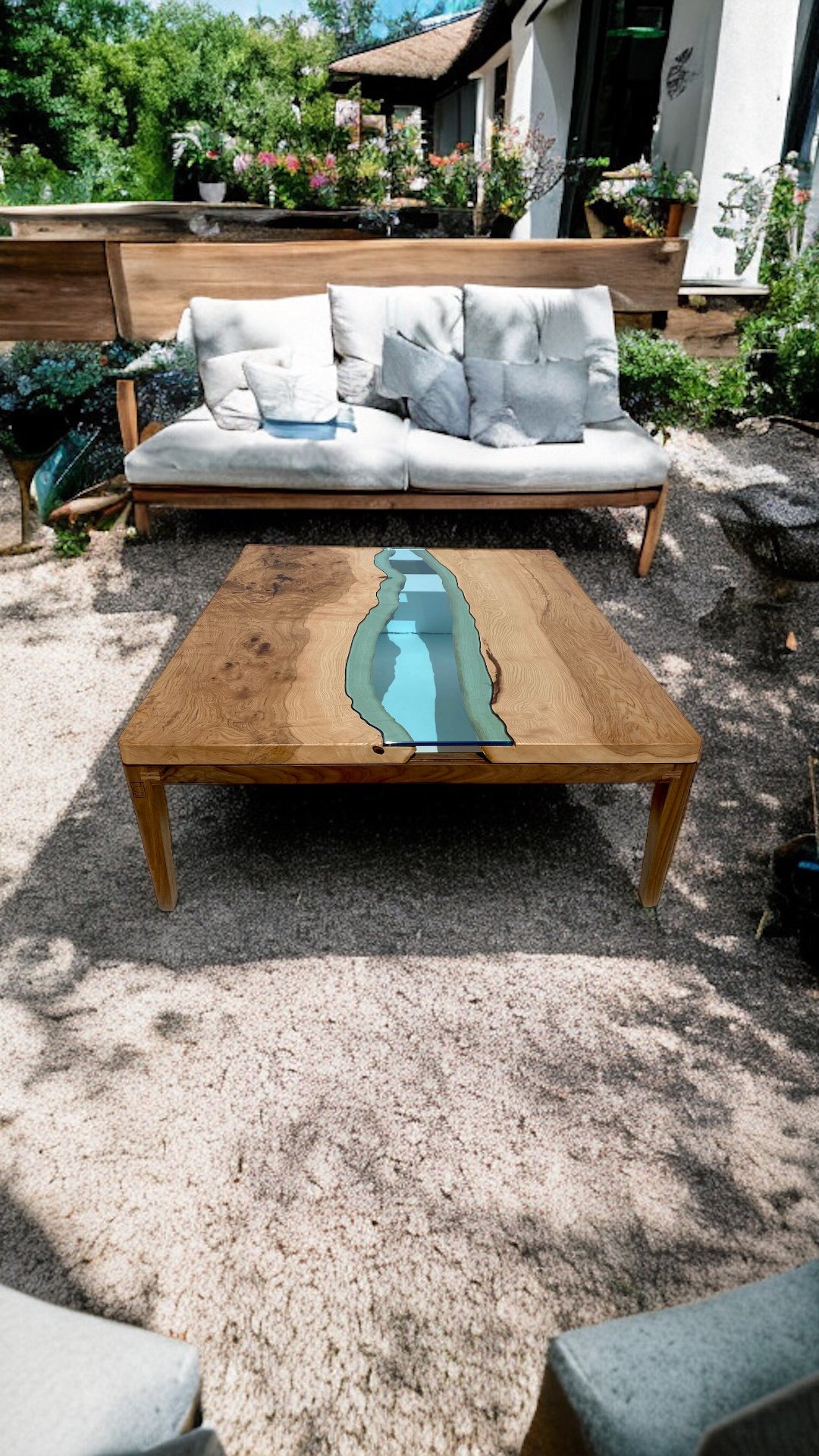 Table basse rivière bois et verre "Ibaïa"