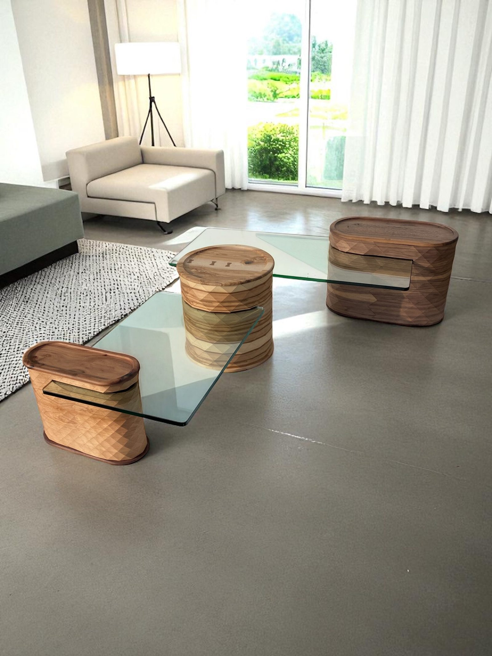 Table basse en verre et bois – Modulus